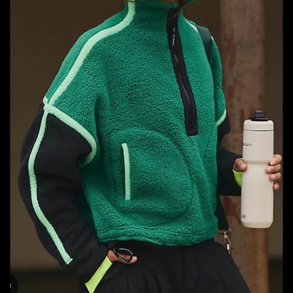 NWT Free People Mountain High Colorblock Half Zip Fleece in Dark Evergreen Combo